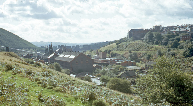 Bargoed Colliery headgear and buildings in the Rhymney valley, photographed in 1973