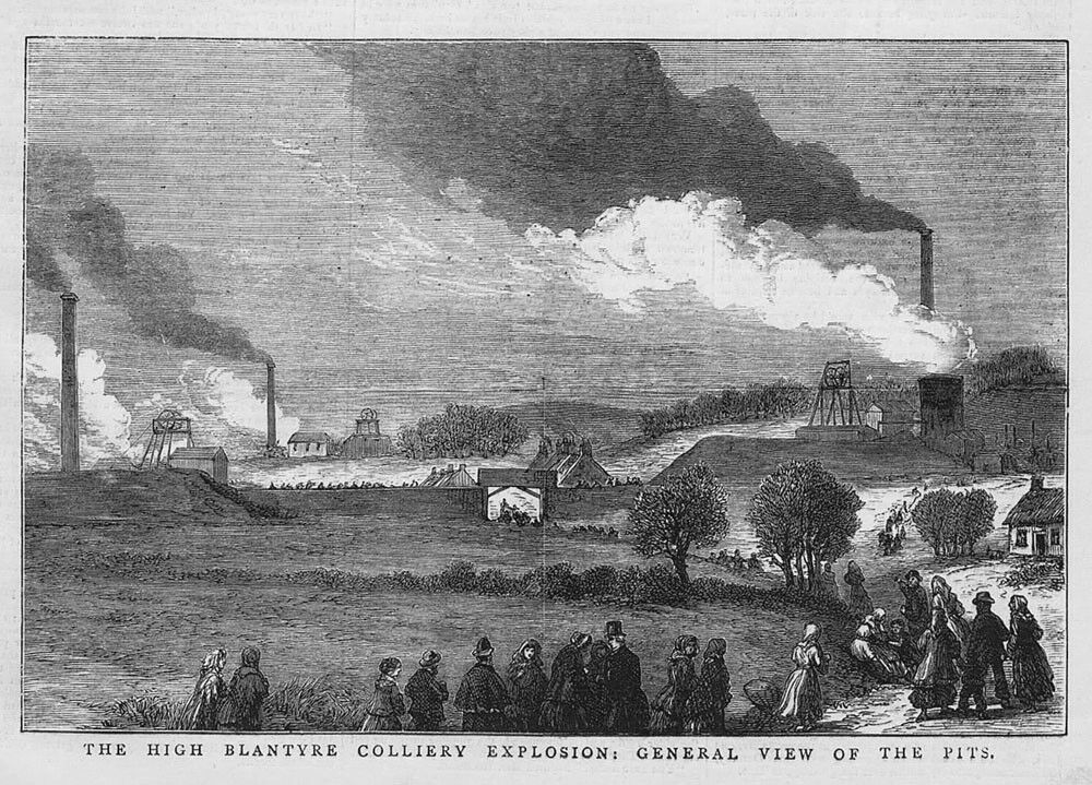 A contemporary 1877 engraving showing a general view of the pit head buildings at High Blantyre colliery shortly after the explosion.