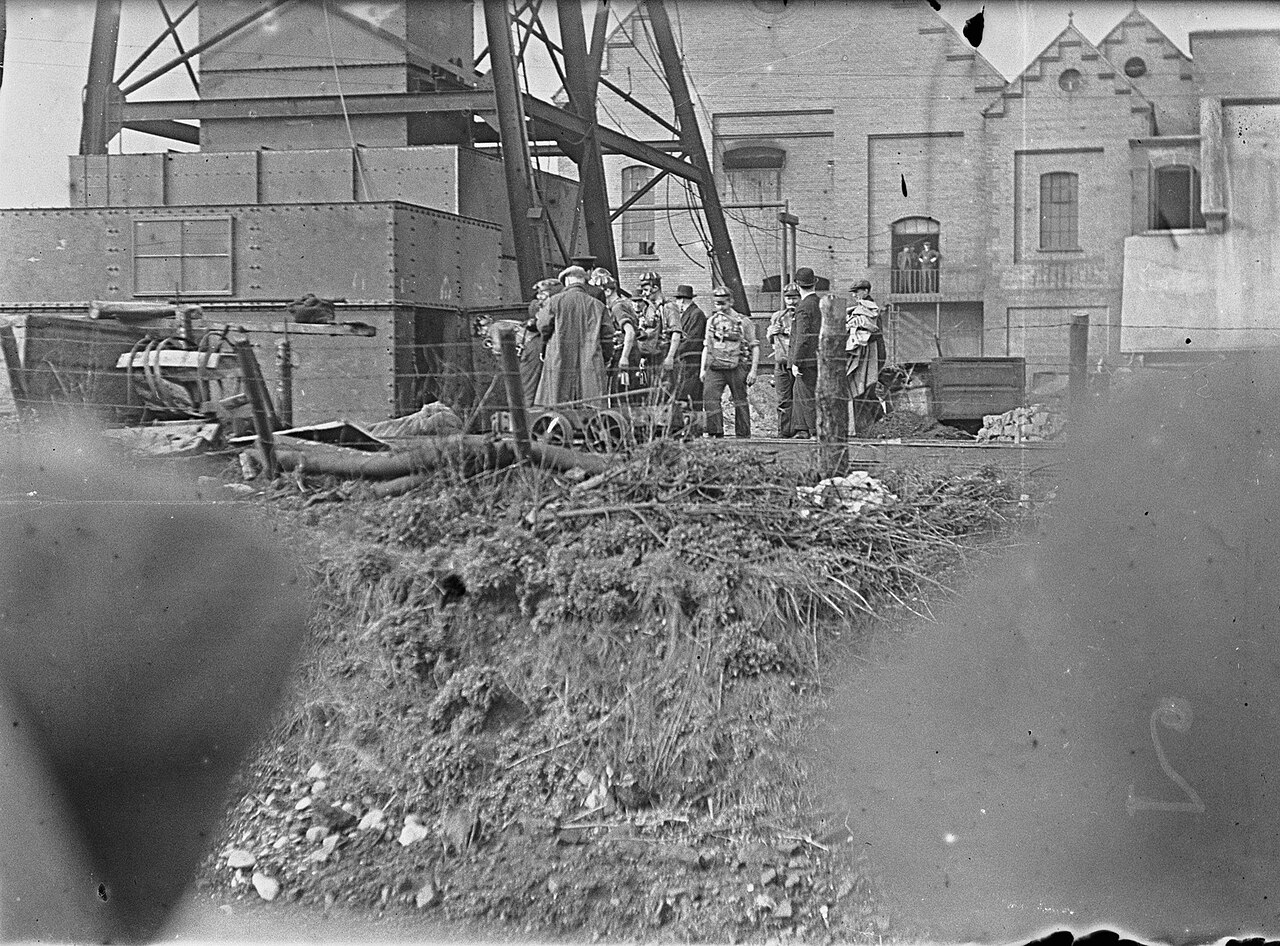 Rescue workers making the first attempt to enter the Martin Pit shaft at Gresford Colliery, sealed after the 1934 explosion.