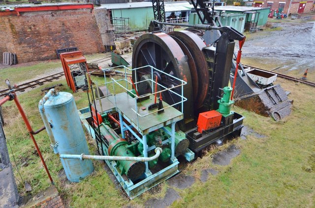 A surviving winch from Agecroft Colliery, preserved at the former colliery site.