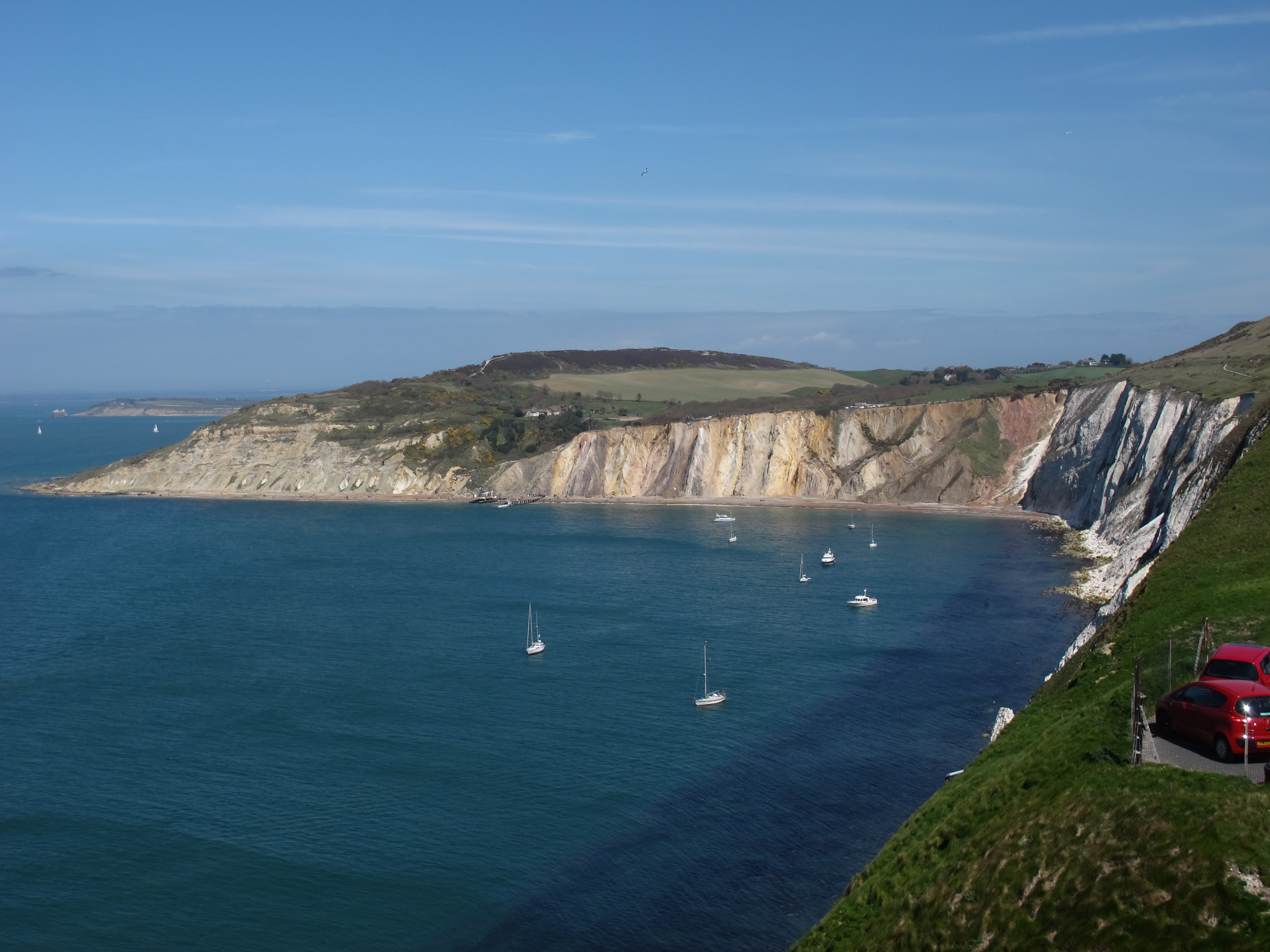 The steeply tilted strata at Alum Bay, turned near vertical by Alpine folding.