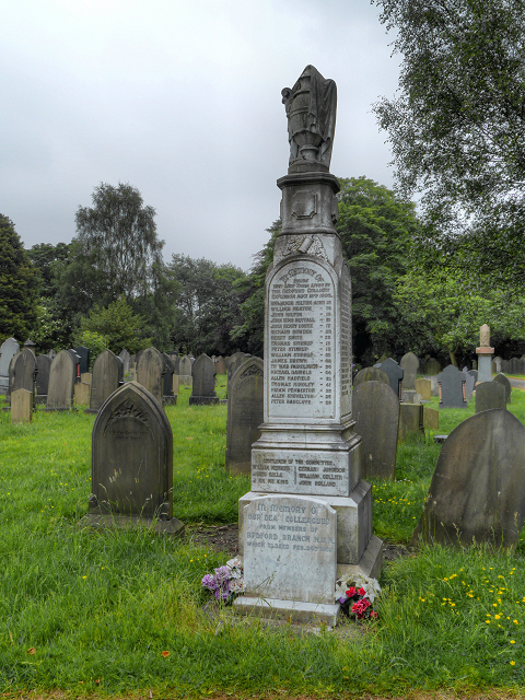 The stone memorial in Leigh Cemetery to the 38 men and boys killed in the firedamp explosion at Bedford Colliery on 13 August 1886