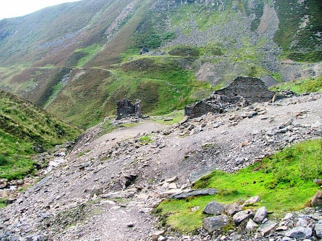 The ruined buildings of the Beldi Hill smelt mill in Swinner Gill, Swaledale.