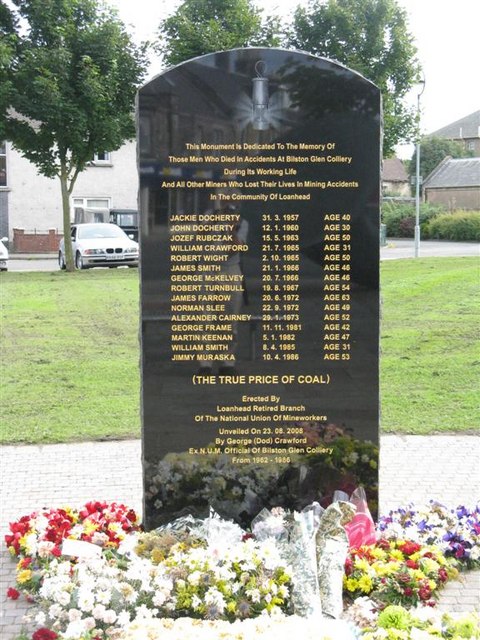 A black marble monument in Loanhead commemorating the fifteen men killed in accidents at Bilston Glen Colliery.