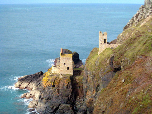 The clifftop Crowns engine houses at Botallack, with workings extending out under the Atlantic.
