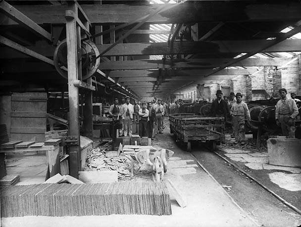 A historic photograph of the engine room at Braich Goch slate quarry, Corris, Gwynedd.