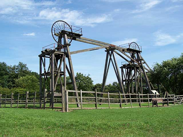 The tandem timber headstocks of the former Brinsley Colliery, the last surviving example of this construction style in Britain, photographed before their removal in 2023.