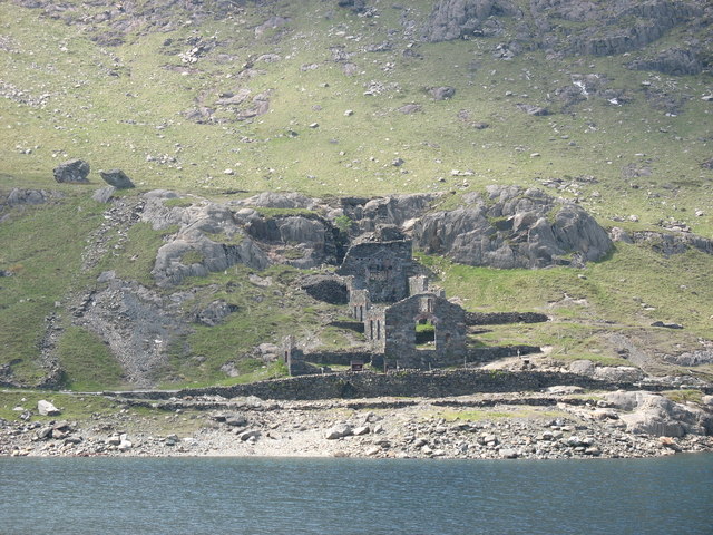 The ruined Britannia copper crushing mill on the shore of Llyn Llydaw, below Snowdon.