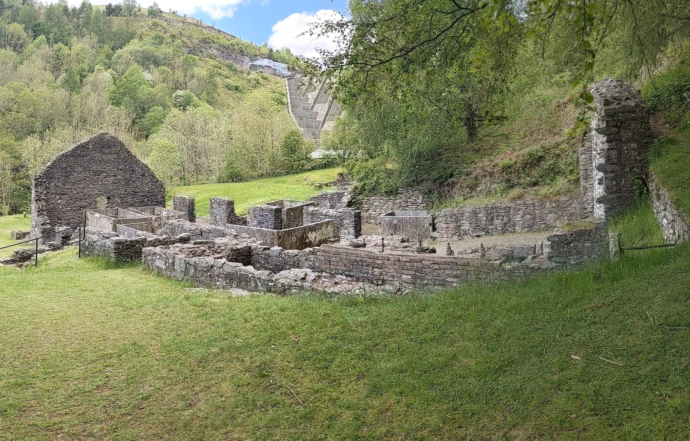 The conserved processing buildings at Bryntail Lead Mine, below the Clywedog dam.
