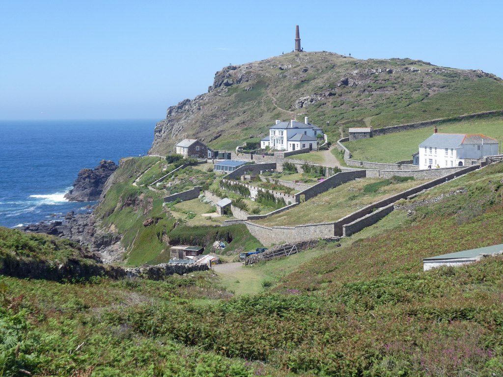 The surviving octagonal 1864 engine-house chimney on the summit of Cape Cornwall, Cornwall