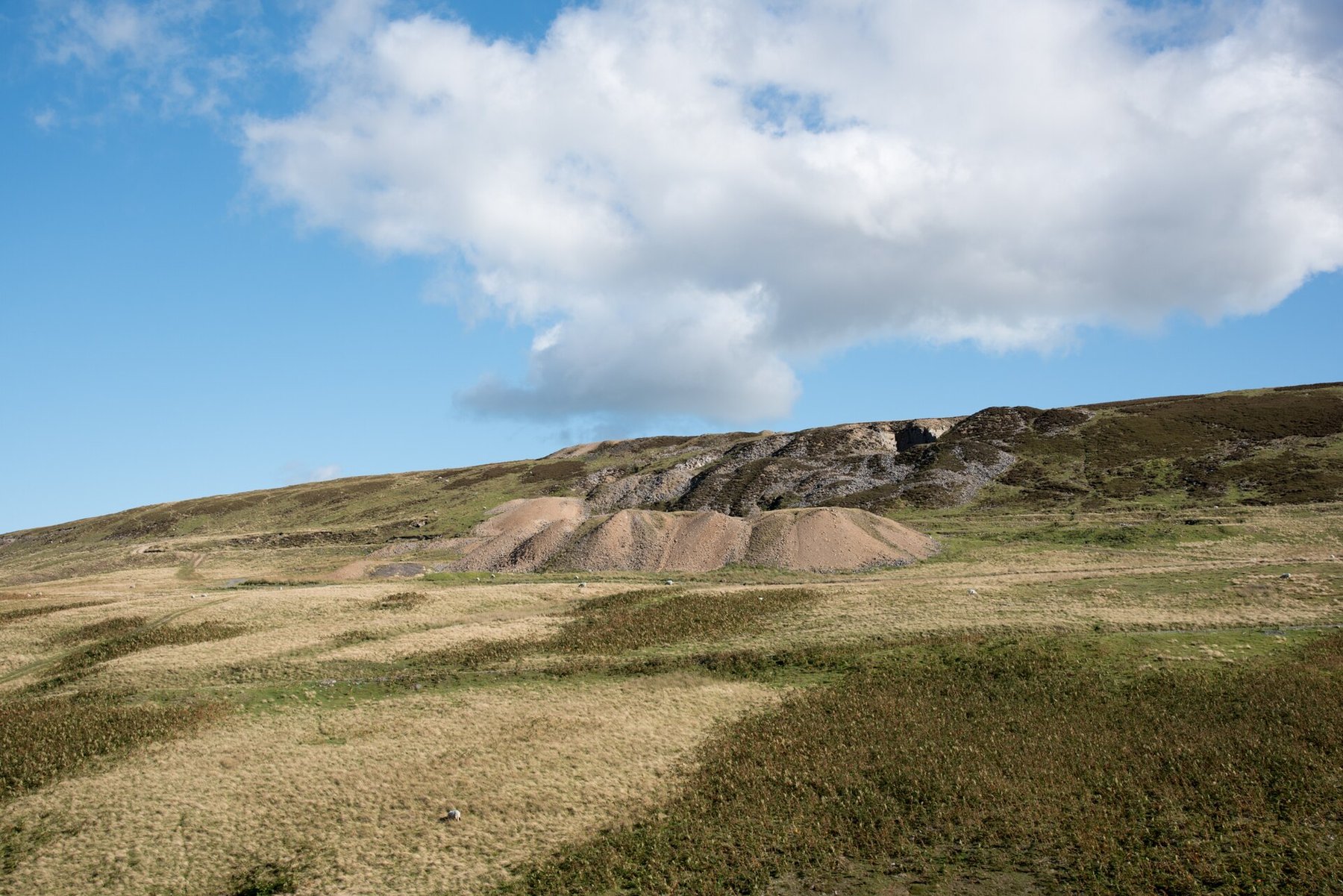 The Cornish Hush mine site seen across the Howden Burn at Whitfield Brow in Weardale, with spoil and derelict workings on the valley side