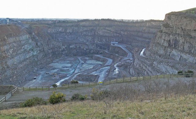 A wide view into the working granite/granodiorite pit at Croft Quarry, Leicestershire
