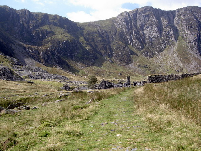 Surviving slate quarry workings at Cwm Eigiau, head of the Afon Eigiau valley, Snowdonia.