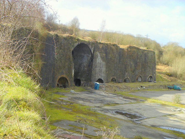The surviving stone furnace bank at Cyfarthfa Ironworks, showing six of the original blast furnaces from the late 18th and early 19th centuries