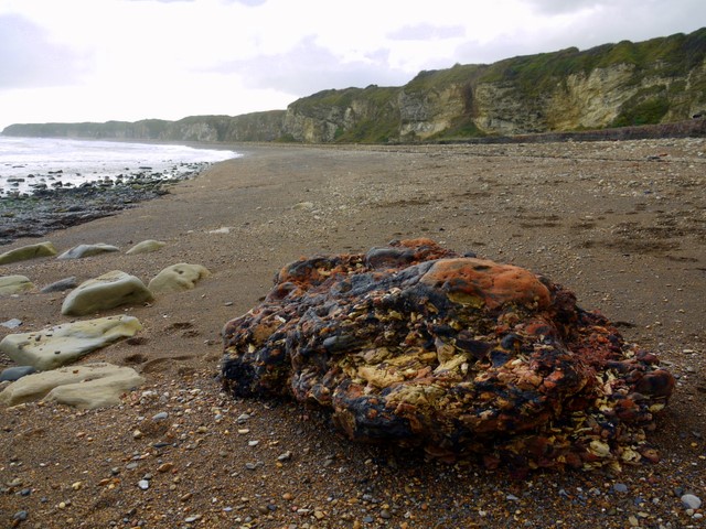 A fused mass of ash and shale colliery waste, dumped by Dawdon Colliery and welded together by spontaneous combustion, on what is now known as Blast Beach.