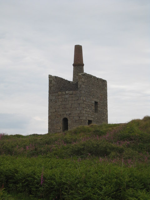 The ruined Greenburrow pumping engine house at Ding Dong Mine, near Madron, Cornwall.