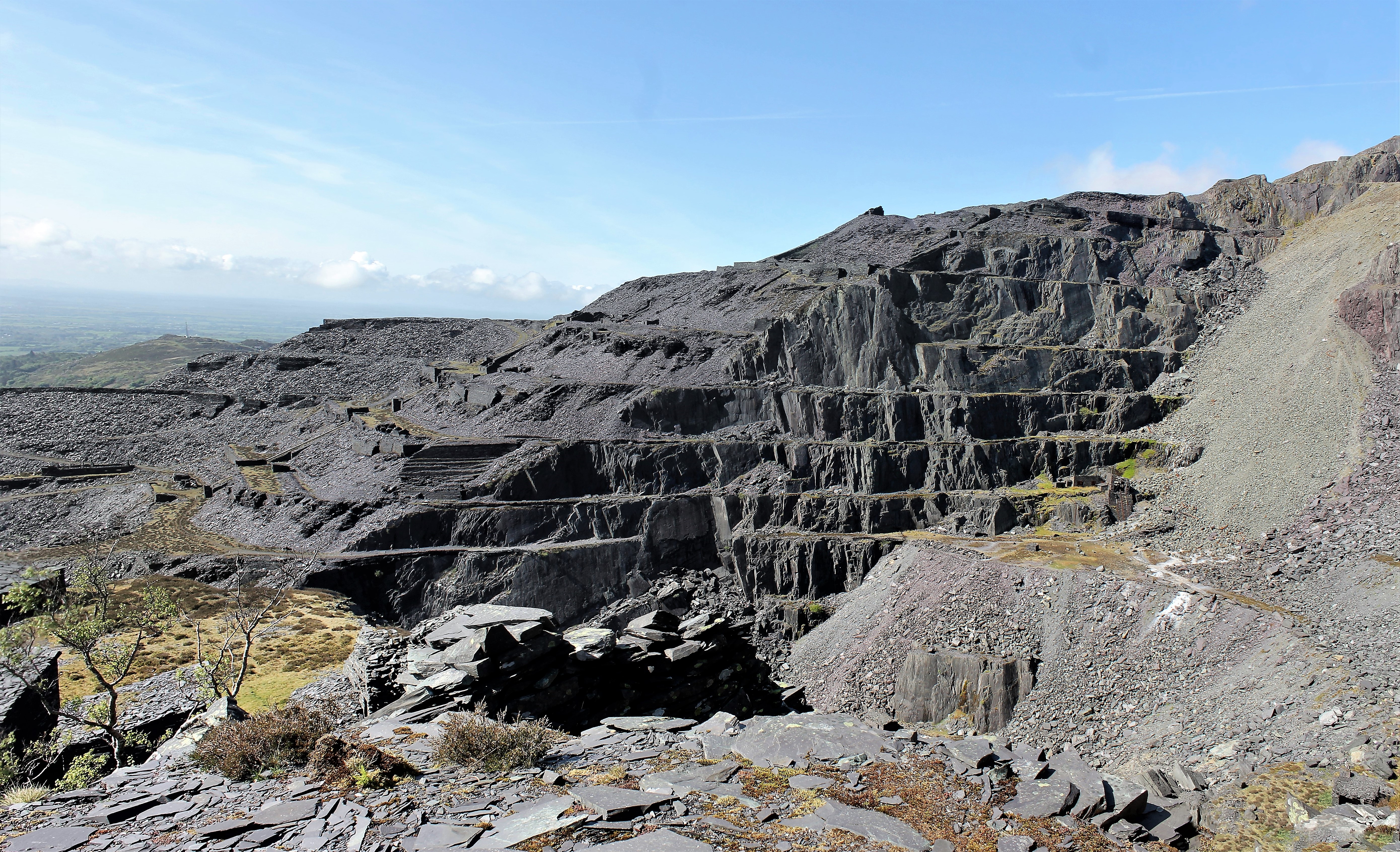 The terraced galleries of Dinorwic slate quarry above Llanberis, Gwynedd.