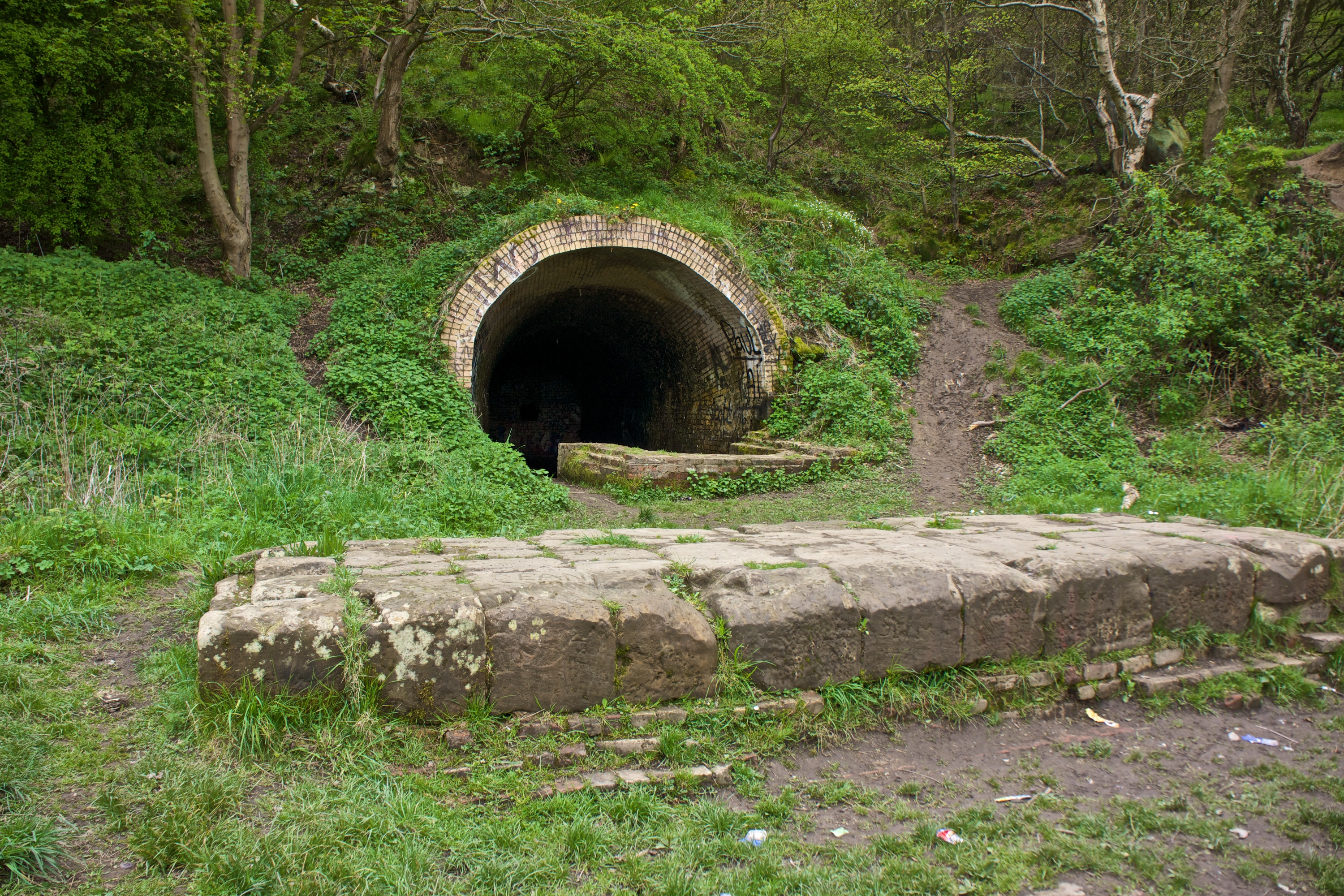 The overgrown cutting and stone-walled entrance of New Bank Drift on the escarpment of the Eston Hills.