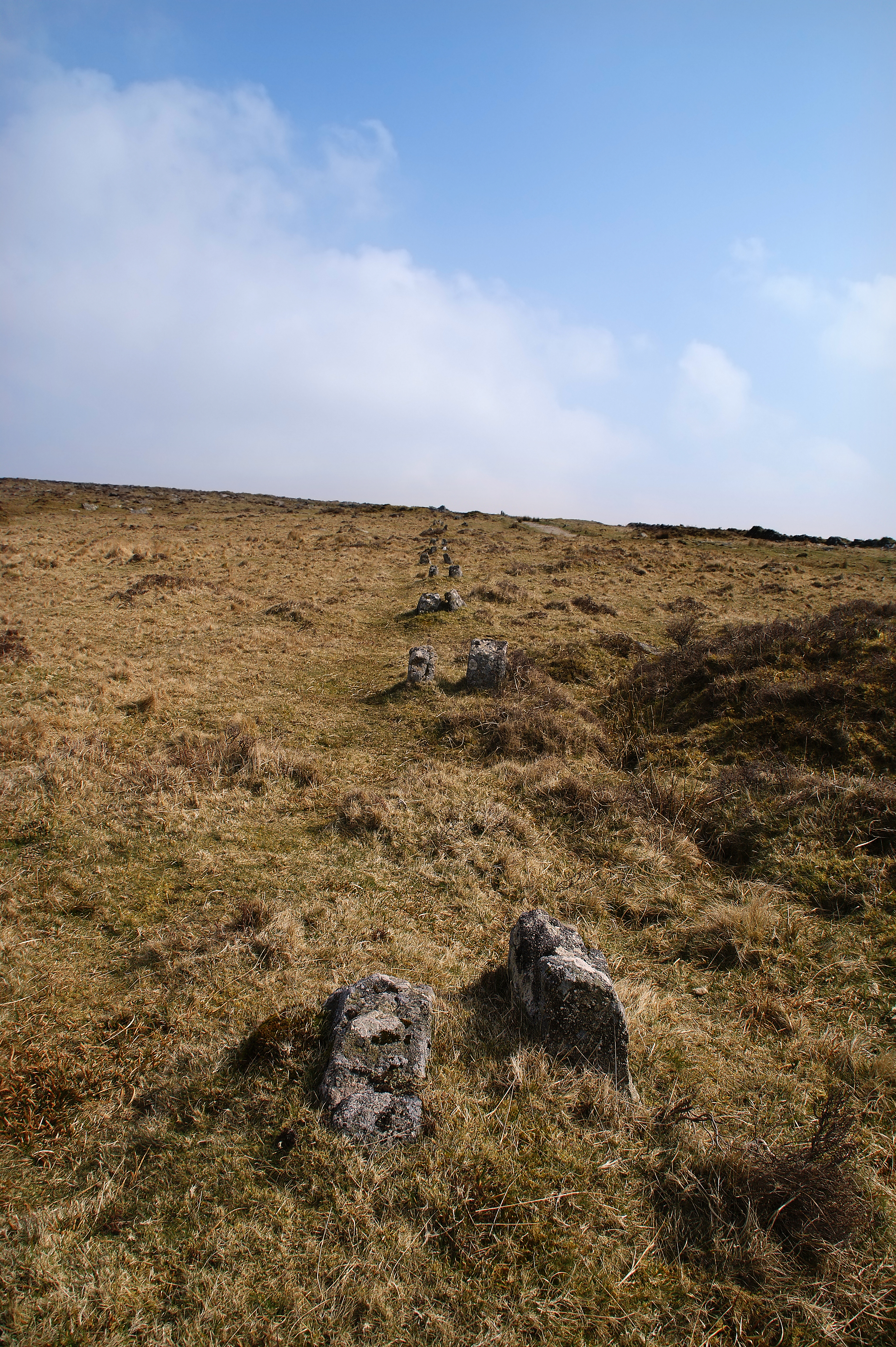 A line of twin granite posts on Dartmoor that once carried the flat-rod system transmitting power from Eylesbarrow Mine's wheelpit to distant pumping shafts