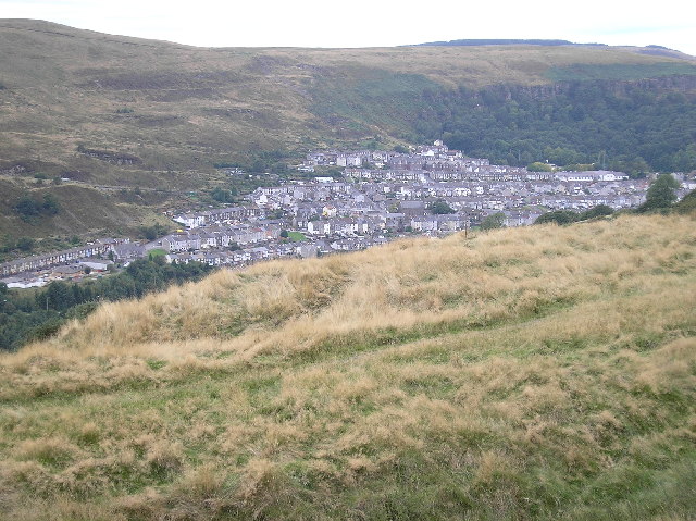 A landscape view over Ferndale and the Rhondda Fach valley, taken from the mountain above Blaen-llechau, one of the sites of Ferndale Colliery's underground workings.