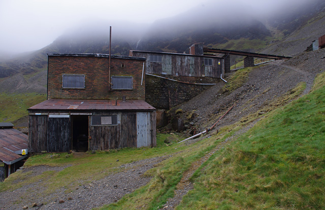 The mill buildings at Force Crag Mine, seen from the Coledale valley.