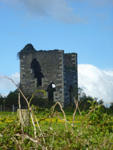 A roofless ruined stone engine house with granite quoins and a gaping upper opening, seen across a field of buttercups.
