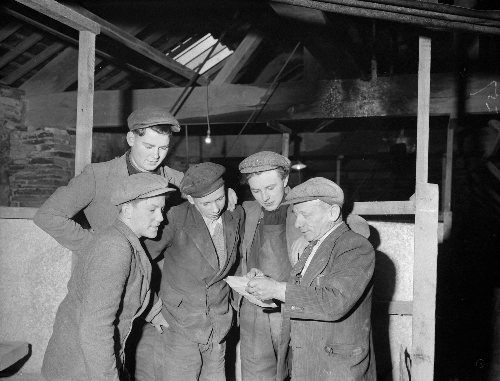 Four new apprentices at Oakeley Quarry, Blaenau Ffestiniog, in 1959, some fifteen years before its Middle Quarry section reopened as the Gloddfa Ganol tourist attraction.