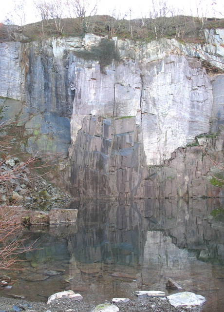 A flooded pool inside the former Glynrhonwy Lower Quarry workings near Llanberis.