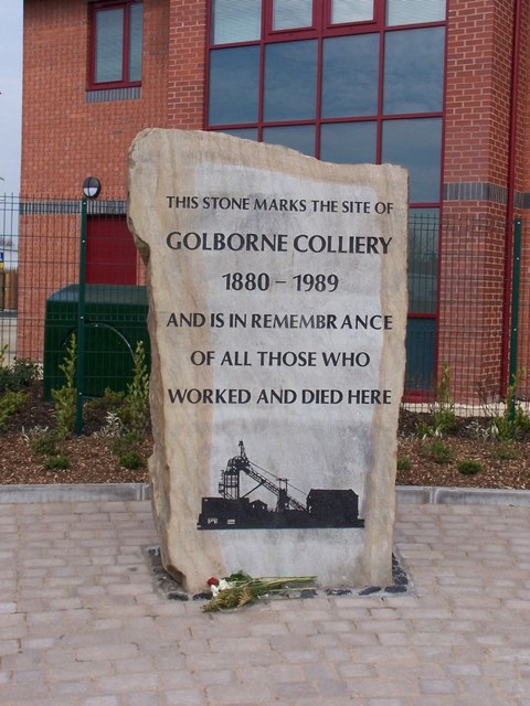 A memorial stone commemorating the miners of Golborne Colliery, including those killed in the 1979 explosion.