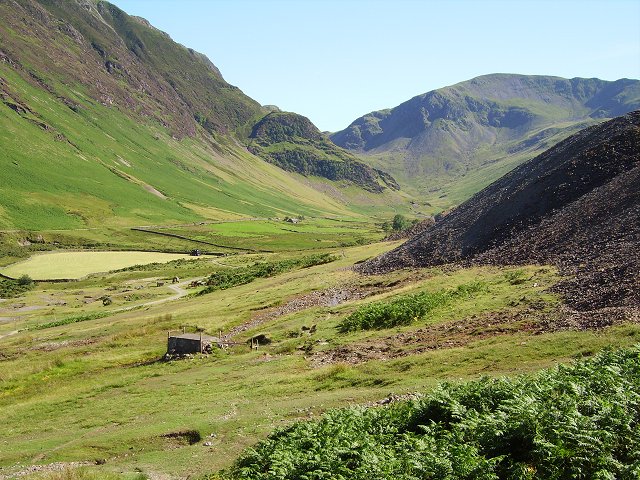 Mine spoil and remains at the once very profitable Goldscope Mine in the Newlands Valley, Cumbria.