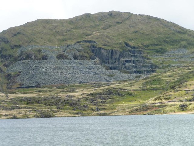 The abandoned terraces and workings of Gorseddau slate quarry at the head of Cwm Ystradllyn