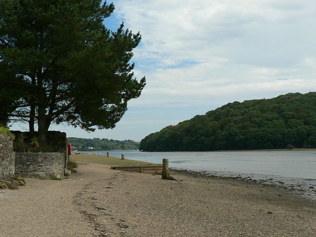 Restronguet Creek looking downriver from Devoran Quay at low tide — the tidal creek whose banks and bed the Great Carnon Stream Works dammed back and worked for tin and gold in the early 19th century.