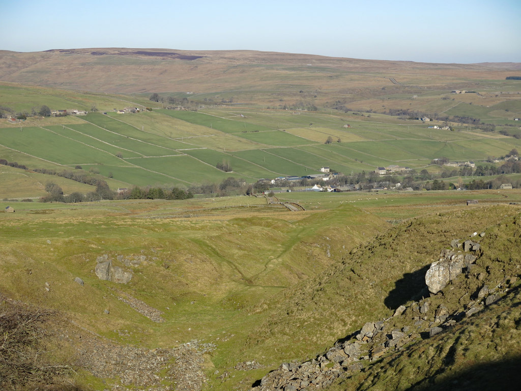 Greenlaws Hush, a relic of the mine's lead-mining industry, on the hillside south of Daddry Shield, Weardale.