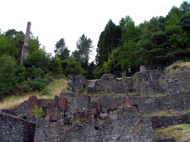 The stepped stone remains of the Hafna ore-processing mill built into the hillside in the Gwydir Forest.