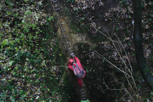 Looking straight down a narrow denehole shaft as a bat surveyor climbs out by ladder after several hours underground monitoring the site's hibernating bats.