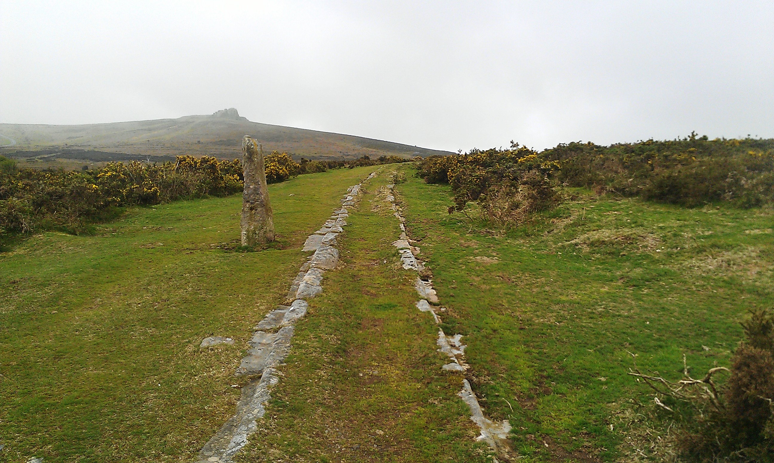 A surviving section of the granite-railed Haytor Granite Tramway on Dartmoor, with Haytor tor in the background.