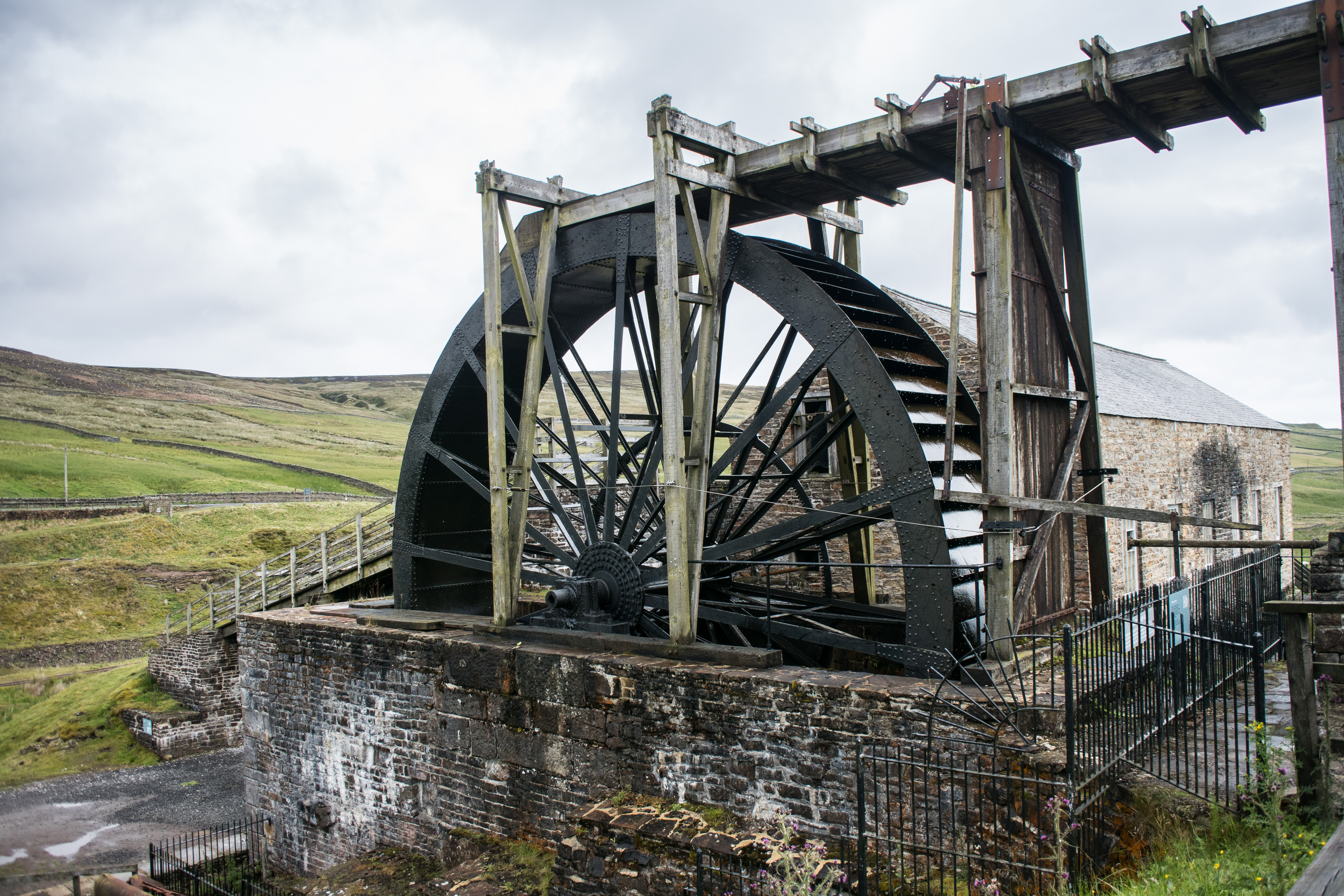 The restored ten-metre waterwheel at Killhope, the North of England Lead Mining Museum, County Durham.