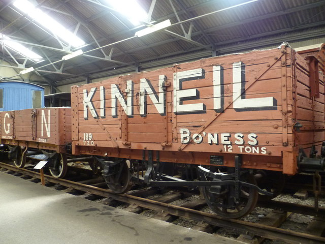 A wooden coal wagon lettered for Kinneil Colliery, preserved at the Scottish Railway Exhibition, Bo'ness.