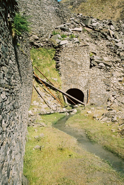 The mouth of a tunnel at Kirkby Slate Quarries, Cumbria, part of the quarry's internal transport system.