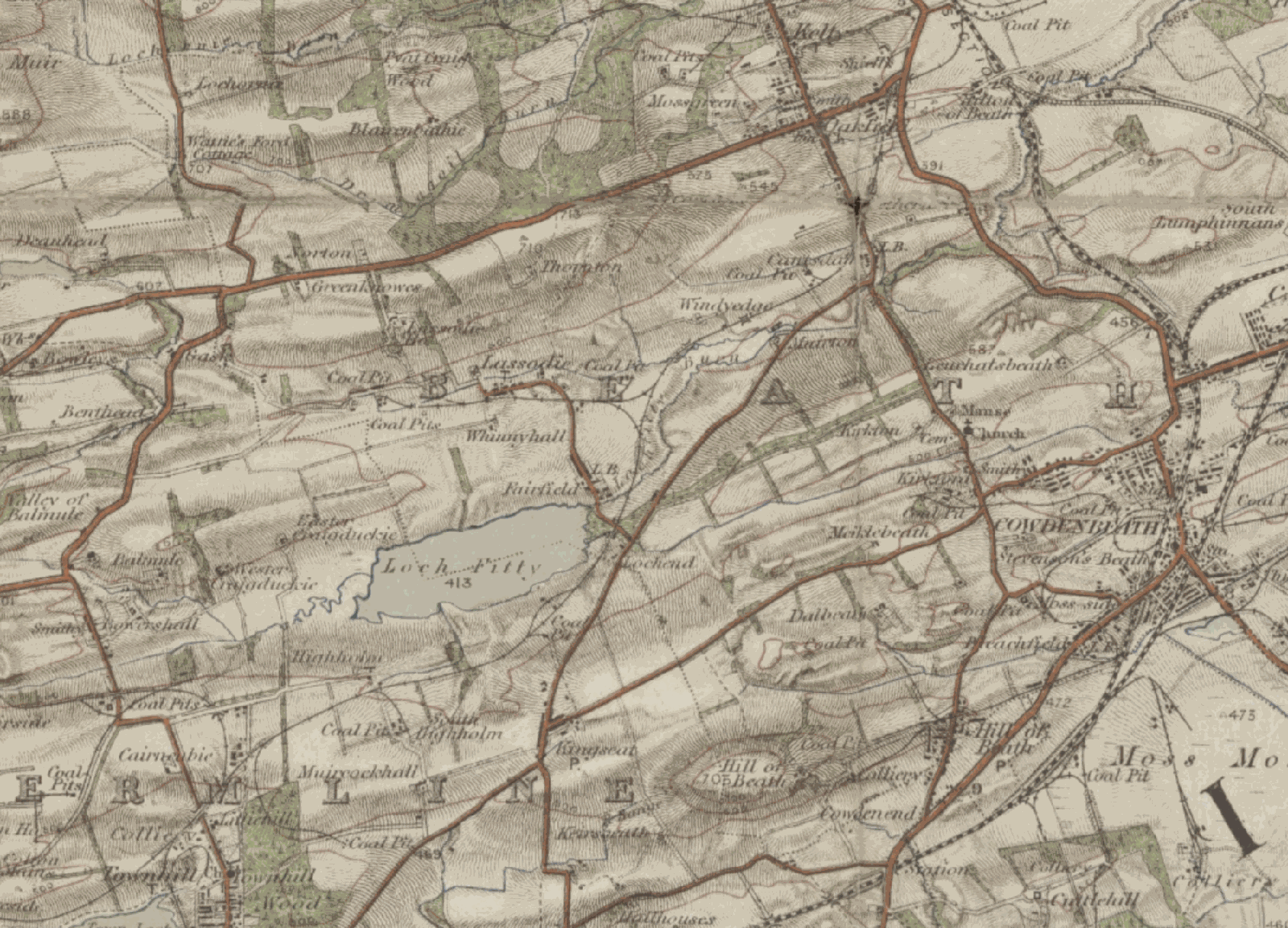 An Ordnance Survey map of 1907 showing the three settlements of Lassodie — Old Rows, New Rows and Fairfield — with the surrounding pits, Loch Fitty and Cowdenbeath