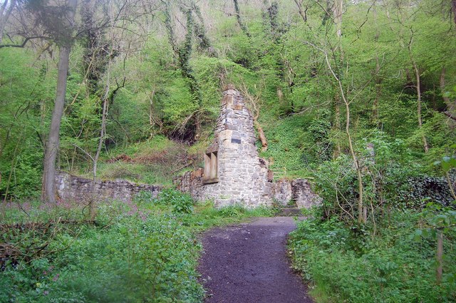 Roofless ruin of Bateman's House, a stone building constructed over the mine's pumping shaft in Lathkill Dale, Derbyshire