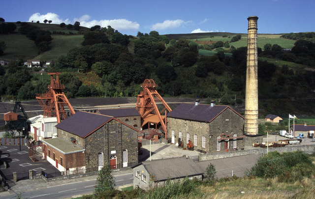 The former Lewis Merthyr Colliery at Trehafod, now Rhondda Heritage Park, showing its historic engine houses and winding gear.