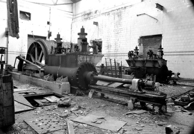 A derelict steam winding engine at Lingerwood Colliery, photographed in 1982, fifteen years after the colliery's closure.