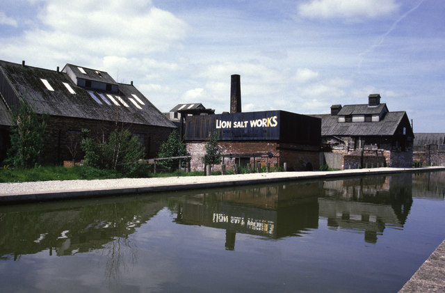 The weathered timber and brick buildings of Lion Salt Works, Marston, photographed in 1986, the year the site closed as a working open-pan salt works