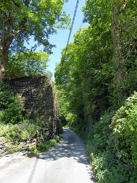 Stone abutments standing in woodland where a bridge carried the quarry tramway over the river from Llwyngwern station