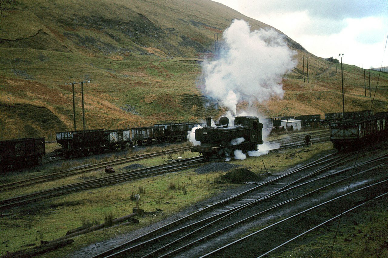 A locomotive and wagons at Maerdy Colliery, photographed in 1969 while the pit was still operating.