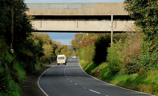 The bridge carrying the quarry's internal roadway over the Larne road and railway at Magheramorne, linking the two halves of the former chalk quarry and cement works
