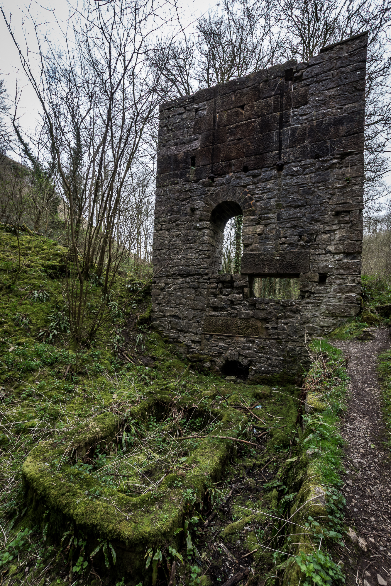 The surviving Cornish engine house at Mandale Mine in Lathkill Dale.