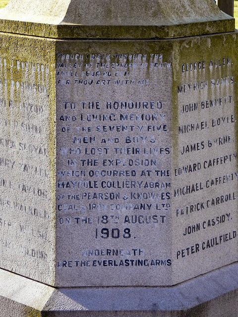 The memorial inscription to the 76 men killed in the 1908 Maypole Colliery explosion, in the churchyard of St John the Evangelist, Abram.