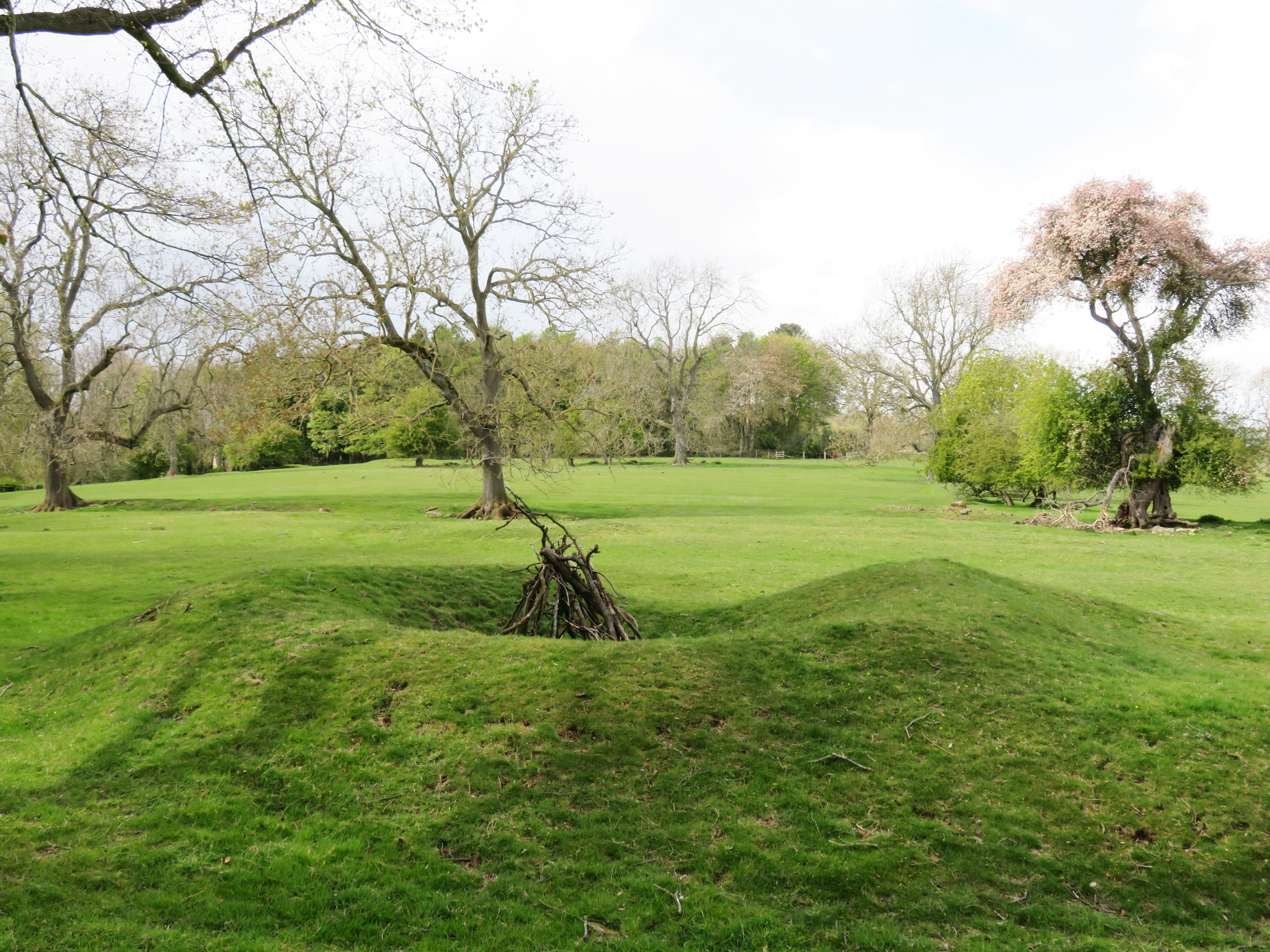 Surviving earthwork remains of the copper mine workings at Middleton Tyas, North Yorkshire.